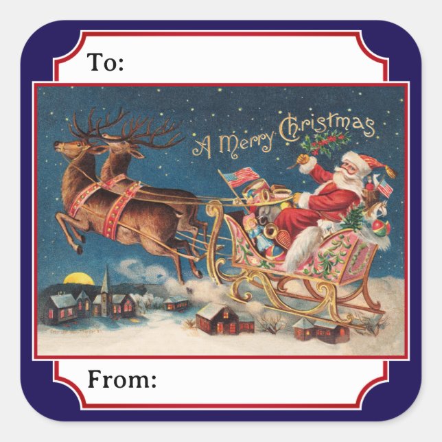 Sticker Carré Blue Patriotic American Santa Christmas Gift Label (Devant)
