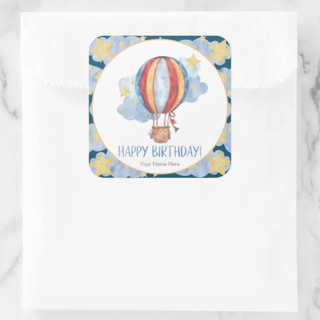 Sticker Carré Blue Red Hot Air Balloon Stars Enfants Joyeux anni (Sac)