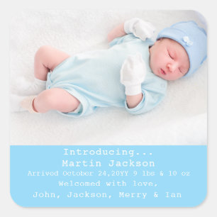 Sticker Carré Blue Script Sweet Modern Boy Photo de naissance