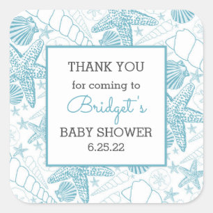 Sticker Carré Blue Sea Shells baby shower merci