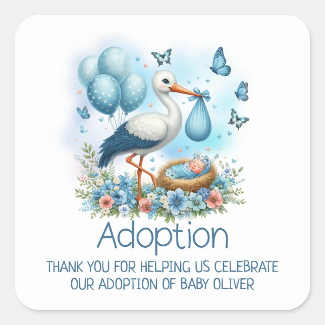 Sticker Carré Blue Stork Baby Boy Adoption Baby shower Merci (Devant)