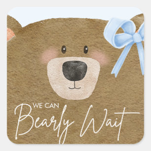 Sticker Carré Blue Teddy On Peut Attendre Un Baby shower Garçon