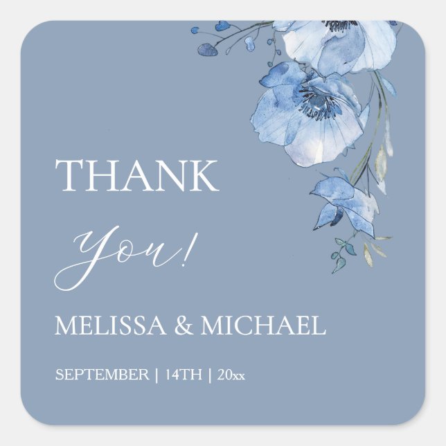 Sticker Carré Blue Watercolor Flowers Wedding Thank You Square S (Devant)