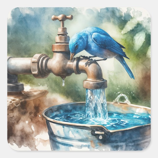 Sticker Carré Bluebird sur un vieux Faucet (Devant)