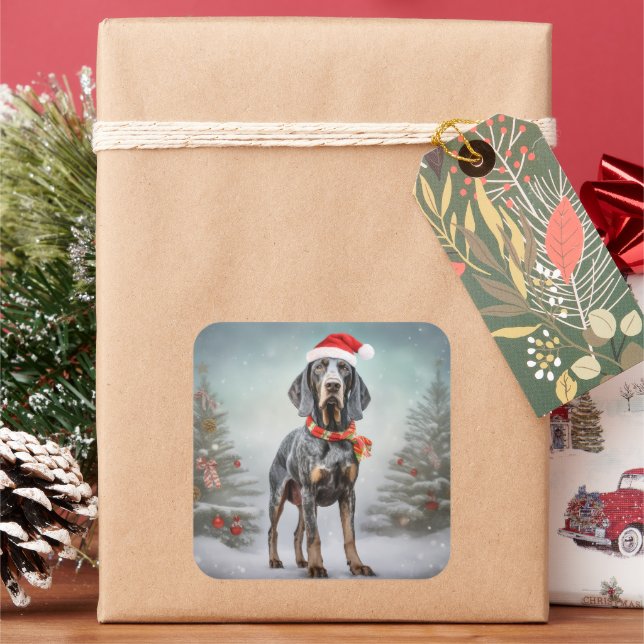 Sticker Carré Bluetick Coonhound Dog en Noël de neige (vacances)