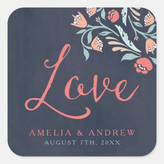 Sticker Carré Bluish Chalkboard Floral Love Mariage (Devant)