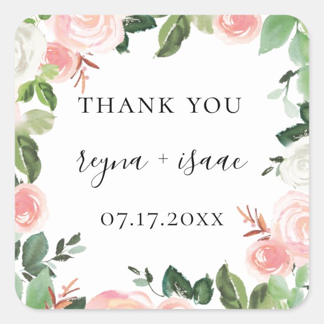 Sticker Carré Blush Garden Floral Frame Mariage Favoriser (Devant)
