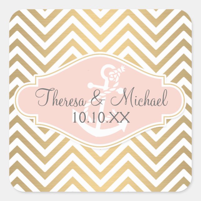 Sticker Carré Blush Preppy Chevron Stripe Ancre marine moderne (Devant)