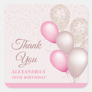 Sticker Carré Blush Rose Pâle Beige Ballons Anniversaire Merci