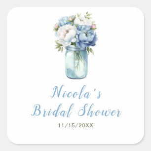 Sticker Carré Bocal de Mariage avec Pivoines Bleues