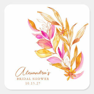 Sticker Carré Boho Aquarelle Botanique Rose Or Fête de Mariage