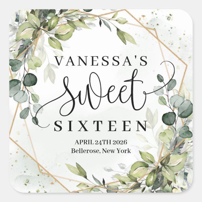 Sticker Carré Boho aquarelle eucalyptus or sweet sixteen (Devant)