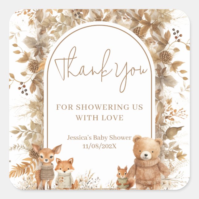 Sticker Carré Boho Arch Automne Bois Baby shower Animaux (Devant)