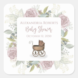 Sticker Carré Boho Baby shower rose Botanique Floral Vintage