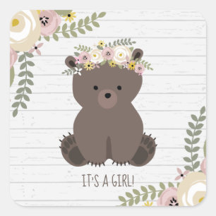 Sticker Carré Boho Bear Grey Baby shower en bois