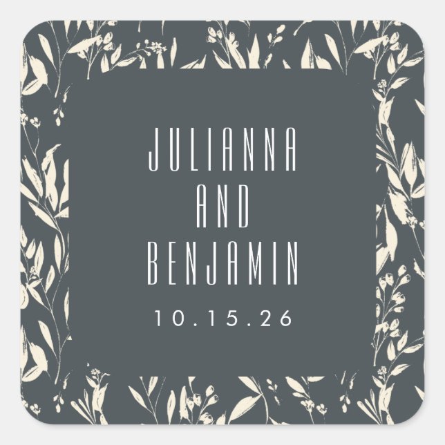 Sticker Carré Boho Black Main Tirée Floral Mariage Personnalisé (Devant)
