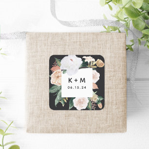 Sticker Carré Boho Blooms Moderne Floral Mariage Monogramme