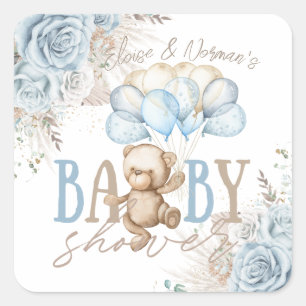 Sticker Carré Boho Blue Floral Pampas Teddy Bear Boy Baby shower