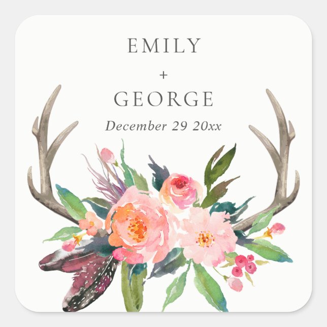 STICKER CARRÉ BOHO BLUSH ANTLER FLORAL FEATHER MARIAGE CAMPAGNAR (Devant)
