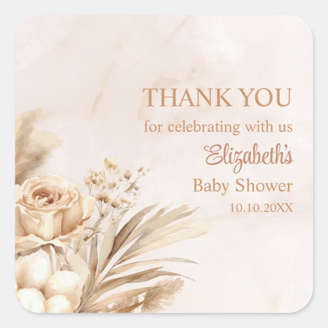 Sticker Carré Boho Blush Baby shower Floral Merci (Devant)