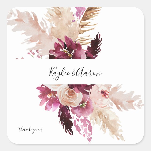 Sticker Carré Boho Bourgogne & Pampas Rose Floral Merci Grass (Devant)