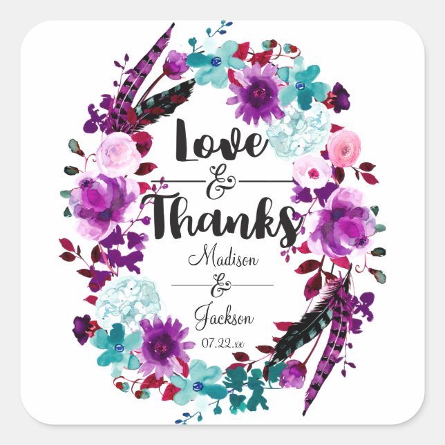 Sticker Carré Boho Chic Floral Wreath Purple Love & Thanks Favor (Devant)