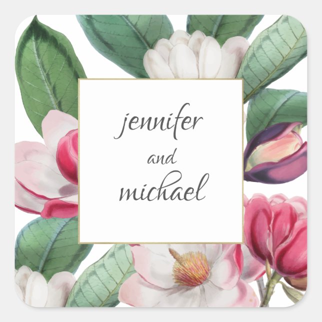 Sticker Carré Boho Chic Magnolia Floral Mariée et Groom (Devant)