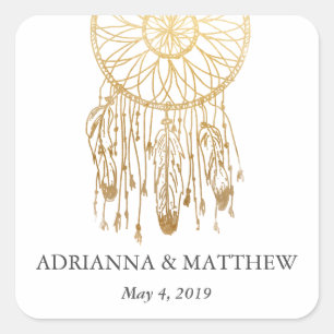 Sticker Carré Boho Dream Catcher Faux Gold Foil Mariage tribal