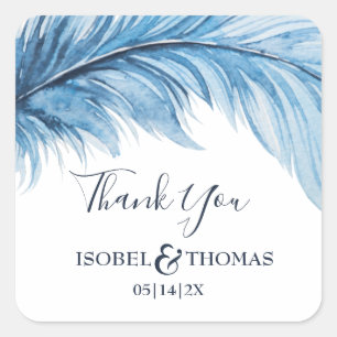Sticker Carré Boho Feather Merci Mariage bleu et blanc