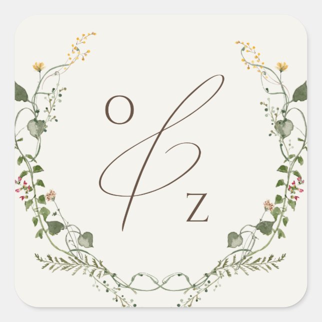 Sticker Carré Boho Fleur sauvage BeigeMonogramme Enveloppe couro (Devant)