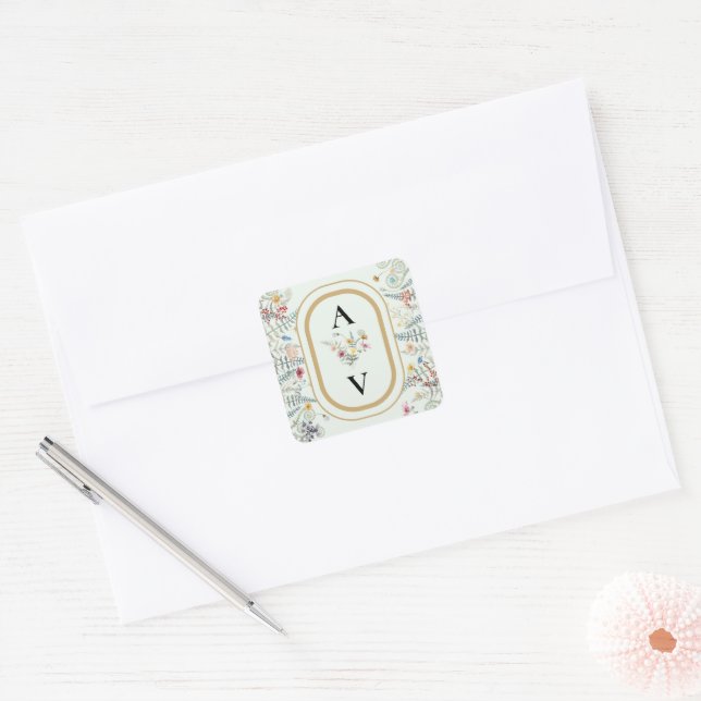 Sticker Carré Boho Fleur sauvage Fern Mint Monogramme vert Favor (Enveloppe)