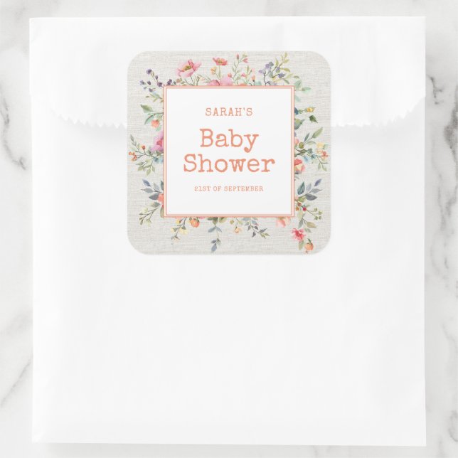 Sticker Carré Boho Floral Rustic Chic Botanique Baby shower (Sac)
