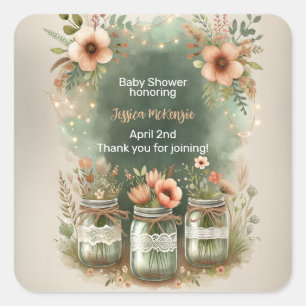 Sticker Carré Boho Floral Rustique Floral Mason Jar Baby shower
