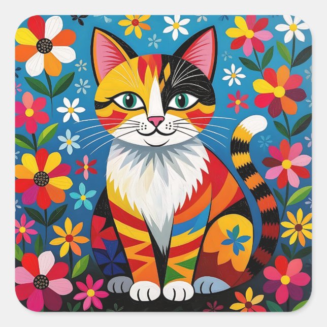 Sticker Carré Boho Folk Art Cat, Flowers & Butterfly   (Devant)