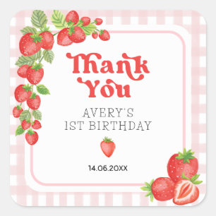 Sticker Carré Boho fraise Berry Premier anniversaire Merci