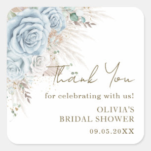 Sticker Carré Boho Herbe de la Pampa Pastel Bleu Floral Baby Sho