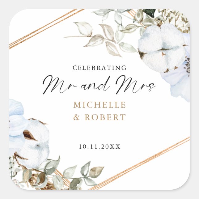 Sticker Carré Boho Mariage Célébration de M. & Mme Custom Floral (Devant)
