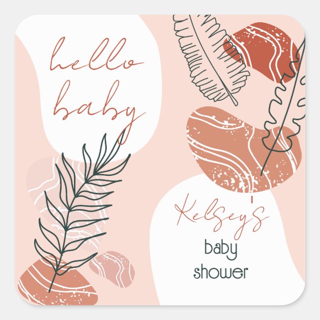 Sticker Carré Boho Minimaliste Hello Baby shower Blush (Devant)