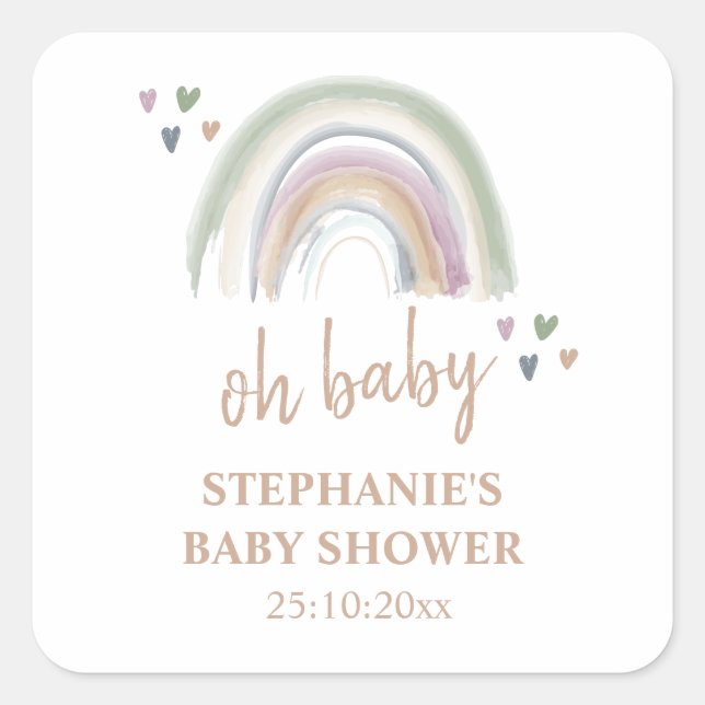 Sticker Carré Boho Muted Baby shower arc-en-ciel Merci (Devant)
