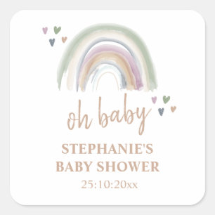 Sticker Carré Boho Muted Baby shower arc-en-ciel Merci