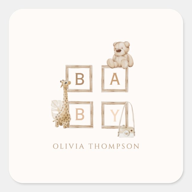 Sticker Carré Boho Neutral Bois Lettres Bloc Baby (Devant)