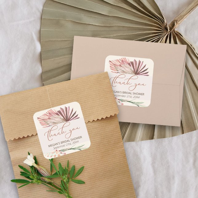 Sticker Carré Boho Palm Feuillage Tropical Séché Merci (Thank you stickers from my Boho Palm Bridal Shower Collection)