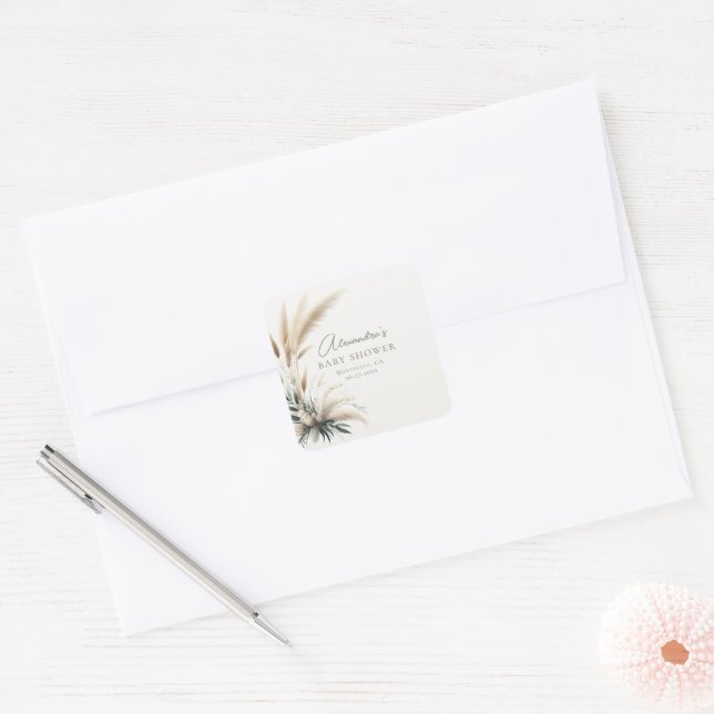 Sticker Carré Boho Pampas Sage Baby shower vert personnalisé (Enveloppe)