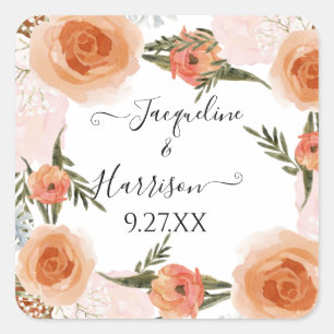 Sticker Carré BOHO Peach Blush Floral Rust Vert Aquarelle