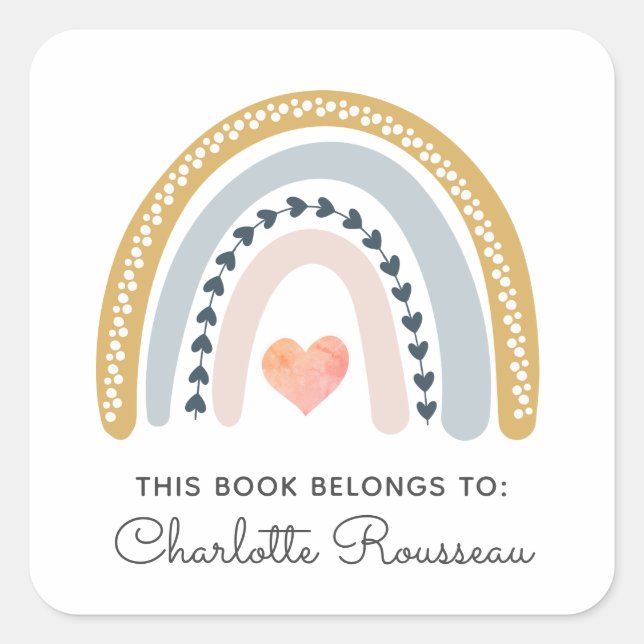 Sticker Carré Boho personnalisé Arc-en-ciel Plaque de livres pou (Devant)