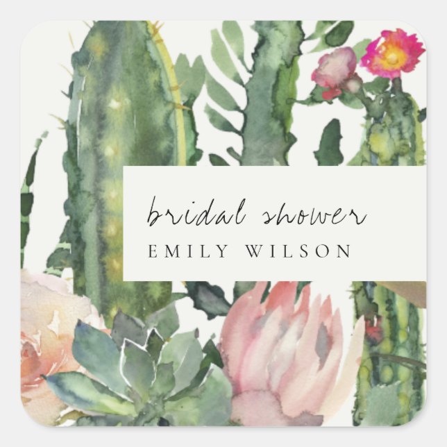 STICKER CARRÉ BOHO PINK FLORAL DESERT CACTI FAUNA FÊTE DES MARIÉ (Devant)