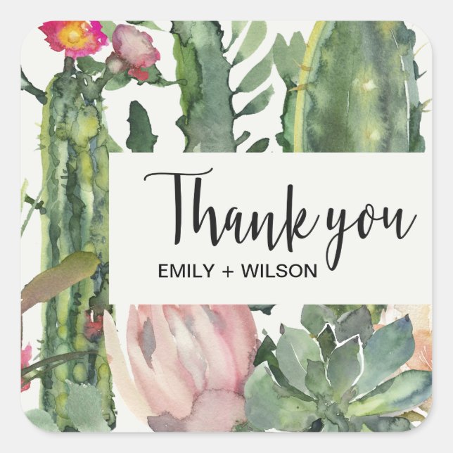 STICKER CARRÉ BOHO PINK FLORAL DESERT CACTI FOLIAGE MERCI (Devant)