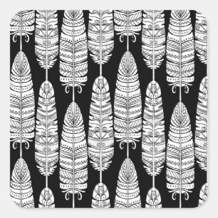 Sticker Carré Boho plumes : motif noir et blanc
