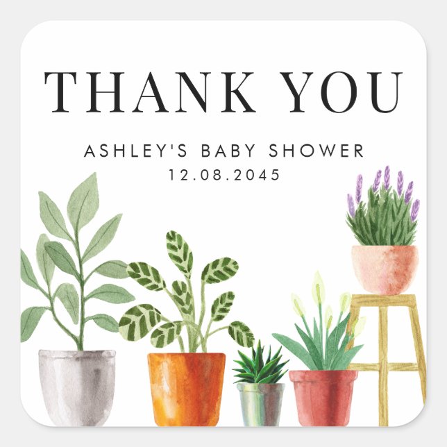Sticker Carré Boho Pot Houseplants Baby shower Merci (Devant)
