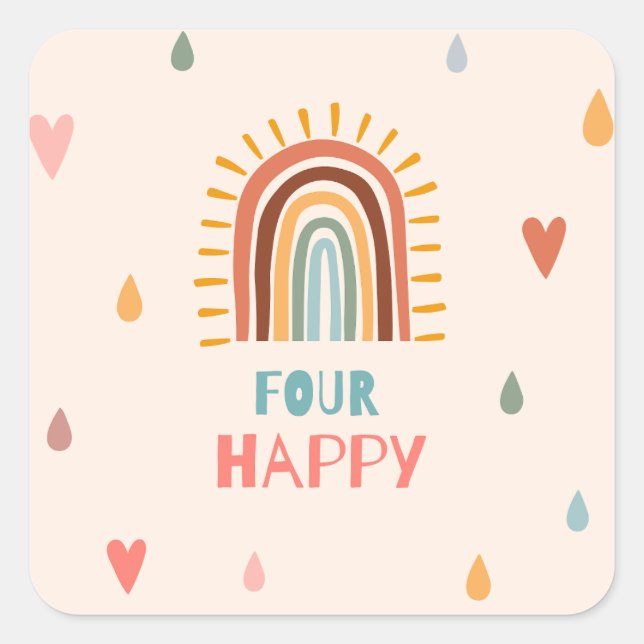 Sticker Carré Boho Quatre quatrième anniversaire Rainbow (Devant)